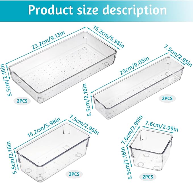 8 Pack Clear Drawer Organizer, 4 Sizes Organization and Storage Trays, Drawer Organizer Bins for Kitchen, Vanity, Bathroom, Office