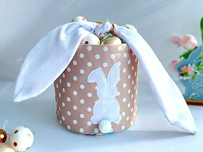 Easter Bunny Basket Bags, Rabbit Bucket Tote for Easter Egg Hunts Decorations Candy Gifts Storage (Pink, Blue, Polka Dots) (Beige Polka Dots)