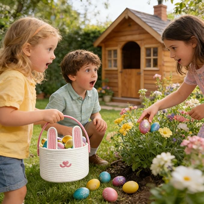 Woven Easter Basket - Cotton Rope Container, Easter Bunny Baskets with Handle for Boys Girls Candy Toys Snacks Party Holiday Spring Festival Gift Basket Kids Adults Decorative Storage Fun