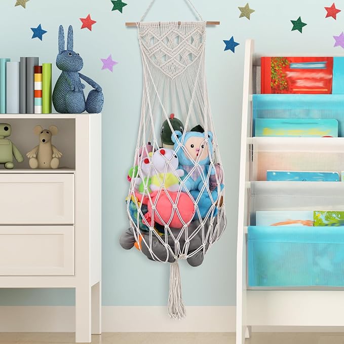 63 Inch Jumbo Stuffed Animal Storage w/ LED Star Light, Toy Hammock Wall Ceiling Over Door Hanging Organizer for Nursery Stuffy Plushie, Cream Stuffed Animals Hammock Corner for Kid Girls Boys Gift