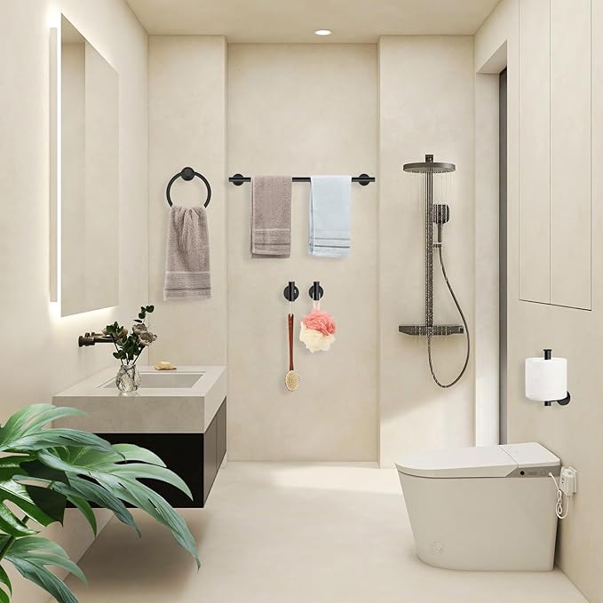 4 Piece Matte Black Stainless Steel Bathroom Hardware Set Include Hand Towel Ring, Toilet Paper Holder,and 2 Robe Towel Hooks,Bathroom Accessories Kit