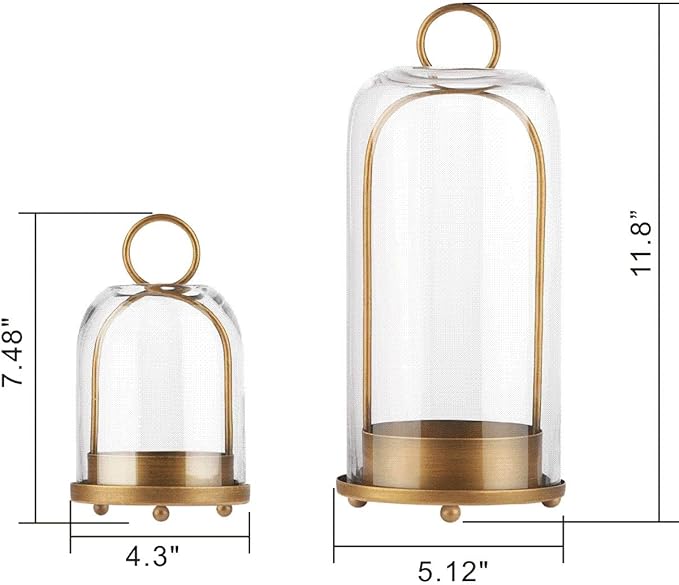 5" & 4" Wide Versatile Metal Candle Holder in Antique Brass with Handmade Thick, Heavy & Sturdy Glass Dome for Pillar Candle, Industrial, Modern, Shelf, Mantel, Veranda, Porch (Brass)