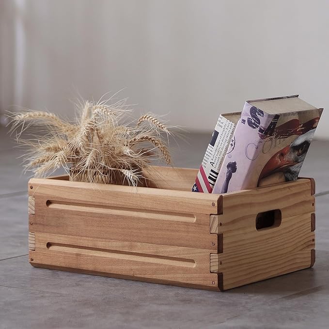 4 Pack Wooden Storage Bins of 16"x12"x6.25".Durable Open Solid Wood Box w/ Handles.Farmhouse Container Shelf Baskets. Multipurpose Home Décor Organizer Crates for Display,Pantry,Book,CD
