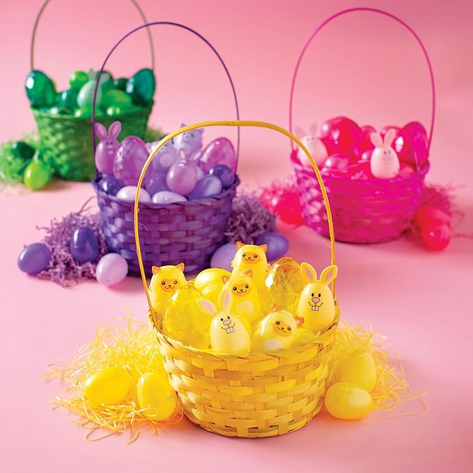 Fun Express Easter Baskets Bulk Set of 12 - Large 9 Inch Bamboo Easter Baskets with Handles for Kids Easter Egg Hunt | Empty Reusable Colorful Treats, Candy & Party Favors