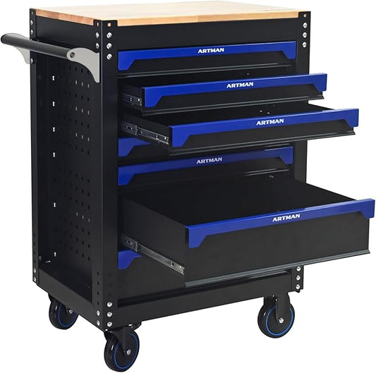 30 Inch Rolling Tool Chest with 7 Drawers, Steel Tool Cabinet with Wood Countertop, Lockable 360° Swivel Casters, Stand Up Toolbox, Portable Garage Tool Box for Home, Workshop (Black+Blue)