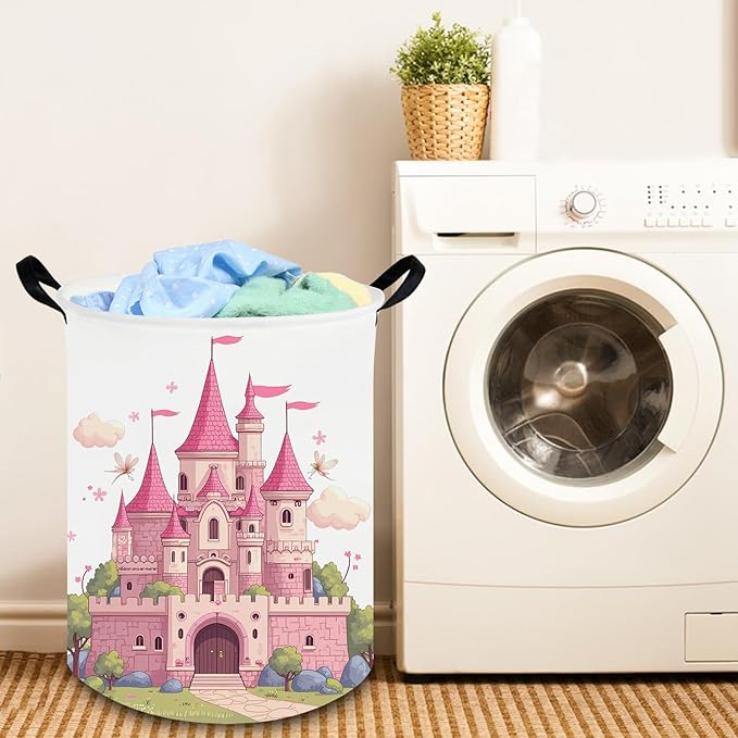 kids basket pink castle,Grils Hamper,Kids Laundry Hamper,Canvas fabric waterproof foldable laundry basket,toy bins,Girls Room decor(Castle)
