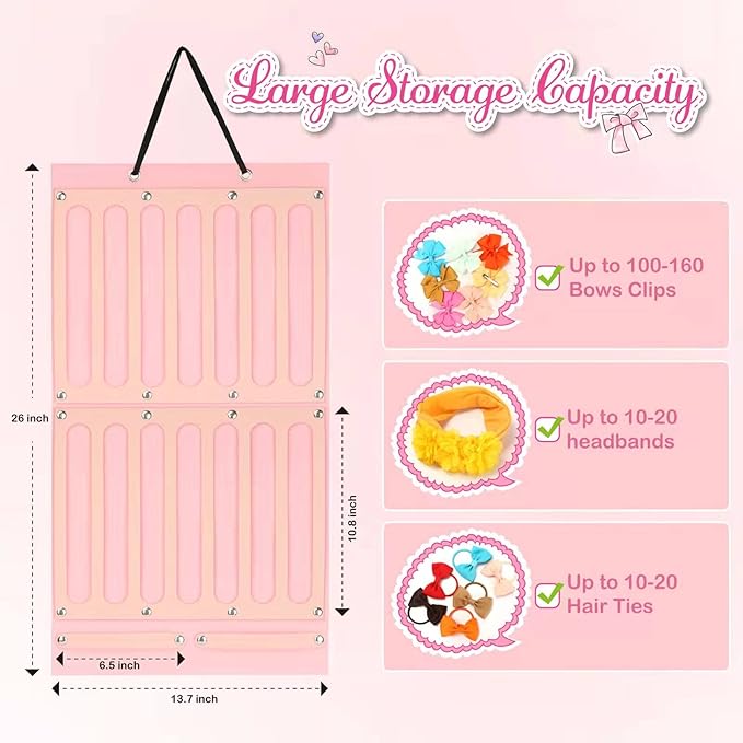 Vimiv Hair Bows Holder & Organizer w/Large Capacity, 16 Ribbons,Bows Organizer, Baby Hair Accessory Storage Display with Sturdy Rope, Wall Hanging for Girl Room & Nursery Decor