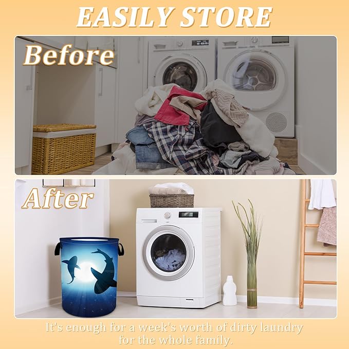 Floating Shark Laundry Basket, Sea Animals Laundry Hamper Foldable Waterproof Oxford Cloth Funny Tote Bag Dirty Clothes Storage Bucket Toy Organizer for Bathroom/Laundry/Bedroom 15.7"x19.6"