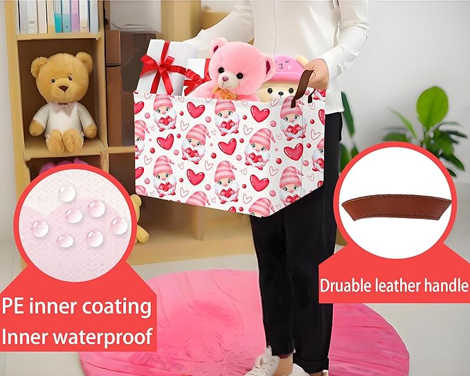 Large Valentine's Day Basket Heart Shaped Storage Bin for Gifts Collapsible Organizer Room Decor (Pink Gnome Love)