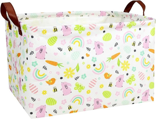 Kid Large Empty Easter Basket Personalized Fabric Bunny Easter Basket for Boy and Girl (Pink Rabbit Rainbow)