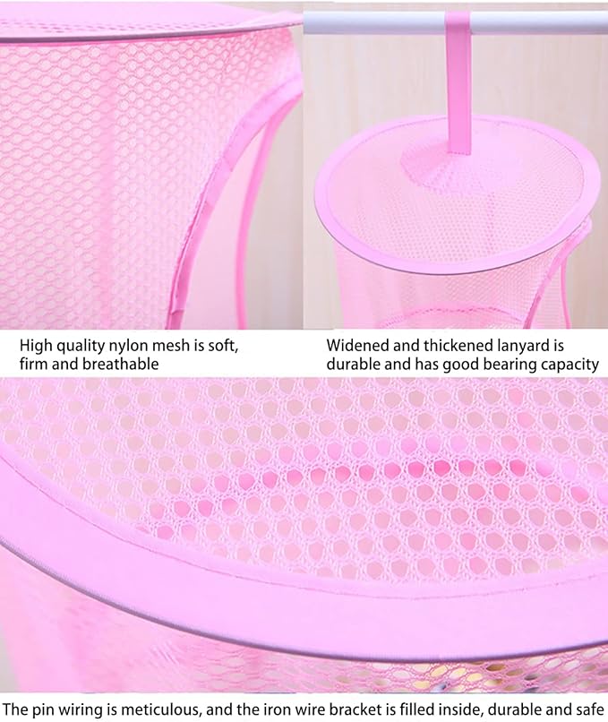Mesh Hanging Storage Basket With 3 Compartments Foldable Hanging Storage Organizer Net Bag for Toys Storage, Space Saver Sundries Clothes Bra Underwear Socks Drying Basket Laundry Hamper (Purple)
