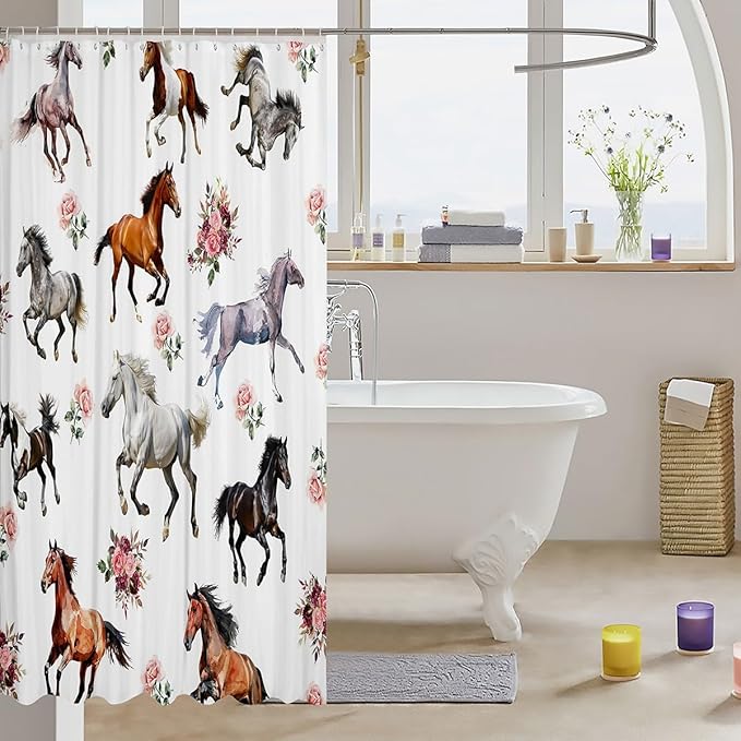 Horses Shower Curtains,Floral Plant Bathroom Curtains for Kids Teens Boys Girls,Wildlife Animal Theme Waterproof Bath Curtains,with 12 Hooks Suits for Bathtub, 72" W x 72" L,Romantic Spring
