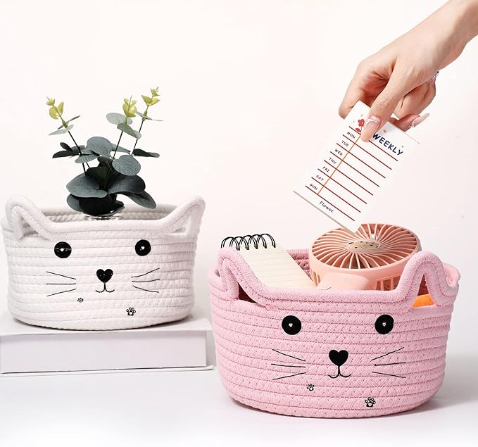 Zopeal Cat Basket Storage Woven Organizer with Ears Christmas Decorative Pet Toy Cute Cotton Rope Basket for Gift Cat Dog Toy Bin Nursery Room(8.3 x 4.7 Inch,Pink)