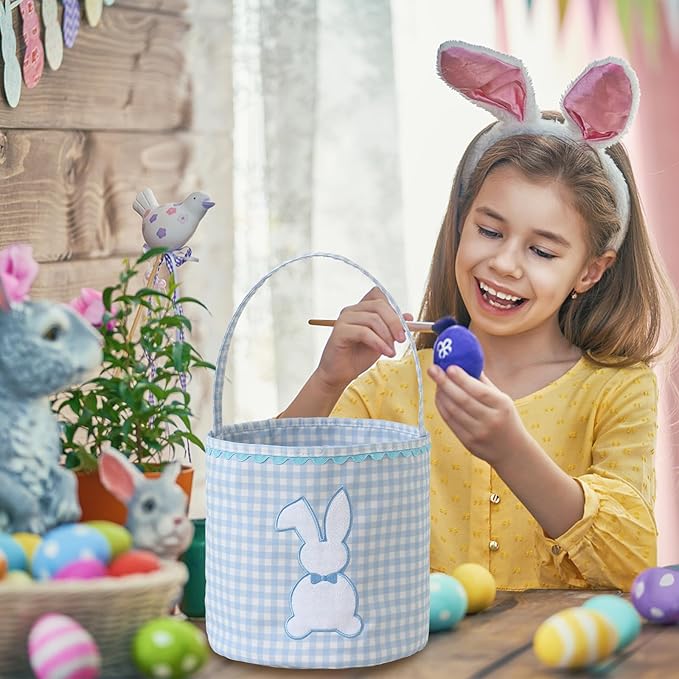 DYSHAYEN Bunny Easter Basket, Gingham Empty Easter Bucket with Handle for Easter Egg Hunts Party Favor Decorations (Blue)