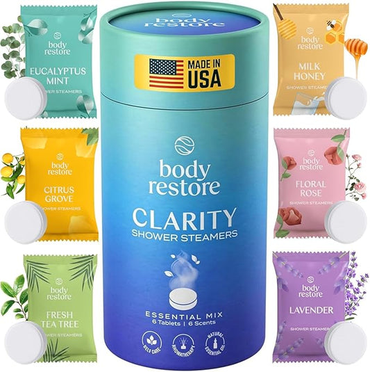 Body Restore Shower Steamers Aromatherapy 6 Pack - Birthday Gifts for Men, Women, Dad Gift, Stress Relief, Relaxation, Self Care - Clarity