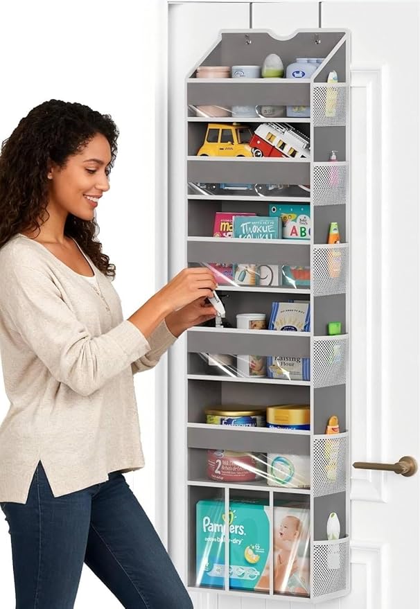 Over The Door Organizer with 6 Large Clear Pockets 12 Mesh Side Pockets - 50LB Heavy Duty Behind Door Storage, Door Hanging Storage for Closet Bathroom Pantry Nursery Laundry