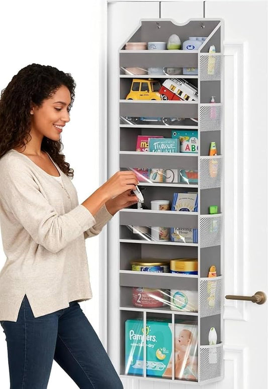 Over The Door Organizer with 6 Large Clear Pockets 12 Mesh Side Pockets - 50LB Heavy Duty Behind Door Storage, Door Hanging Storage for Closet Bathroom Pantry Nursery Laundry