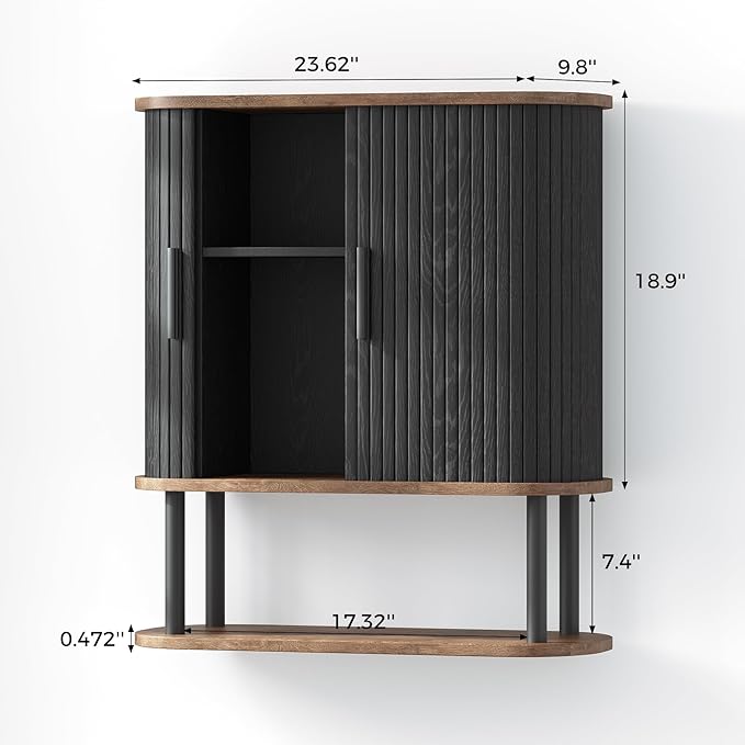Bathroom Wall Cabinet, Over The Toilet Cabinet with Sliding Doors and Adjustable Shelf, Space Saver, Wall Mounted Medicine Cabinet for Laundry Room & Kitchen & Living Room, Black