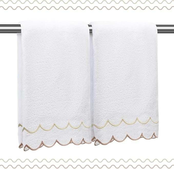 100% Cotton Hand Towels for Bathroom 2 Pcs Scalloped Hand Towels 16 * 27 Inch Embroidered Decorative 600 GSM Soft Absorbent Bath Towel for Spa Yoga Hotel Sport (Bowrn)