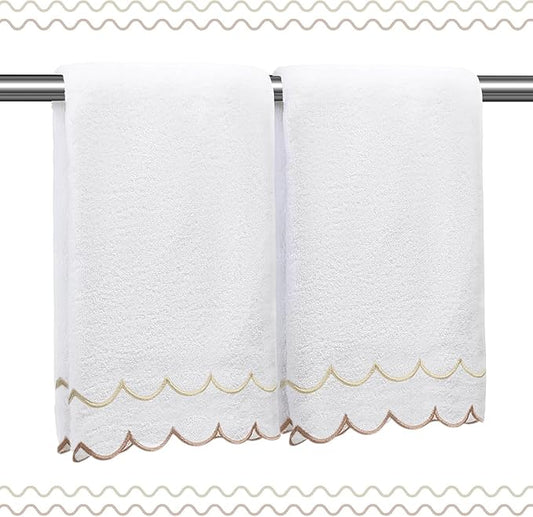 100% Cotton Hand Towels for Bathroom 2 Pcs Scalloped Hand Towels 16 * 27 Inch Embroidered Decorative 600 GSM Soft Absorbent Bath Towel for Spa Yoga Hotel Sport (Bowrn)