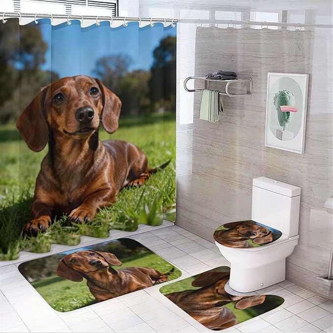 4 Piece Bathroom Rug Set with Shower Curtain, Non-Slip Bath Mat Toilet Cover Set, Dachshund Sitting Bathroom Rug Sets