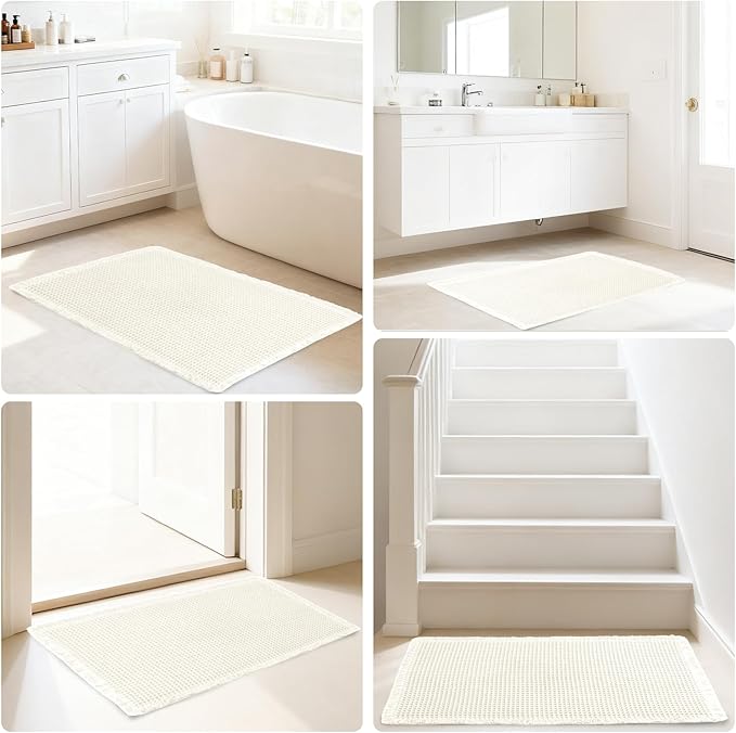 Hiasan Waffle Bath Mat, Super Absorbent Non Slip Bathroom Boho Rug with Tassels, Machine Washable Bath Mats for Bathroom, Ultra Soft Rubber Backed Rug, White, 16 x 24 Inches