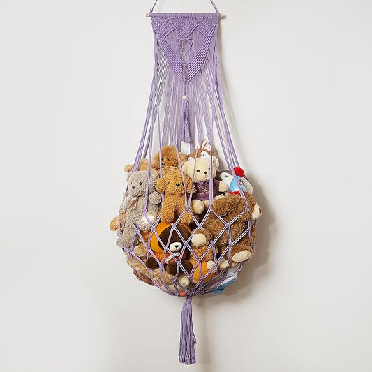 Stuffed Animal Net or Hammock Corner or Wall Hanging Net for Plush Toy Storage Boho Macrame Toy Display Nursery Bedroom Decor Stuffy Animal Toy Organizer (Purple)