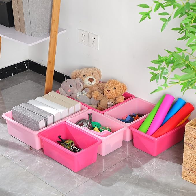 Zonon 12 Pcs Plastic Cubby Bins Office Storage Container Storage Bins Plastic Organization with 1 Pack Self Adhesive Label for Library Office Home Nursery(Pink/magenta)