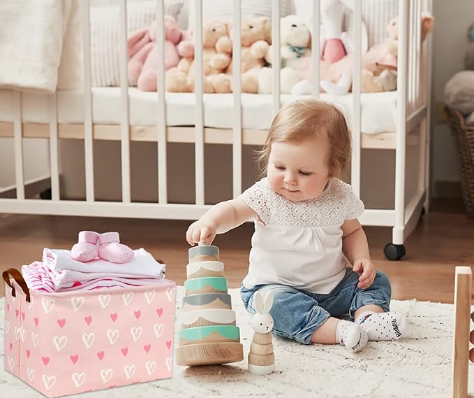 Rectangular Kids Storage Basket Gift Basket Baby Storage Basket Cute Kids Toy Storage Bin Organizer Shelf Book Basket Room Decor(Pink Heart)