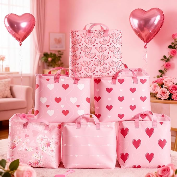 Youyole 6 Pcs Galentine's Day Gifts Basket Set Valentine's Day Storage Bins Pink Heart Empty Gifts Basket Organizer with Love Pattern Valentine Decorative Container Box with Handle for Closet Shelf