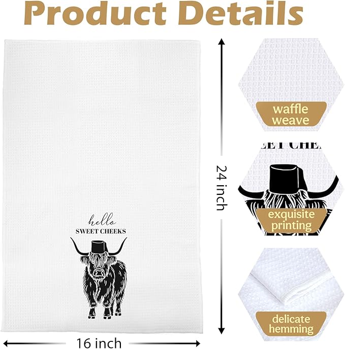 Highland Cow Hand Towels - Western Highland Cow Gifts Waffle Decorative Hand Towels, Hello Sweet Cheeks Bathroom Decor, 16x24 Inches