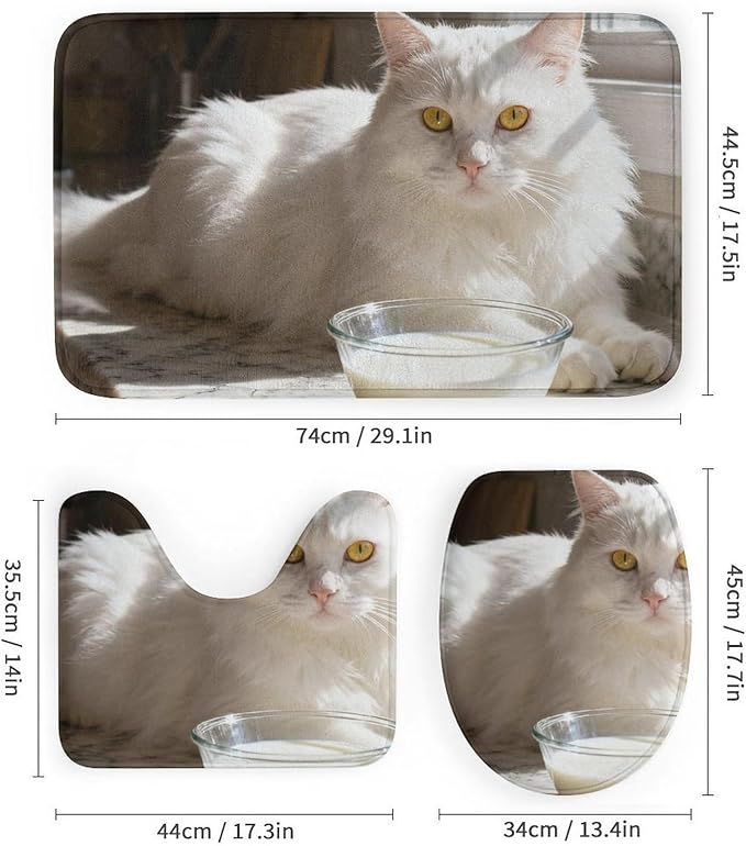 4 Piece Bathroom Rug Set with Shower Curtain, Non-Slip Bath Mat Toilet Cover Set, Greedy Cat Bathroom Rug Sets