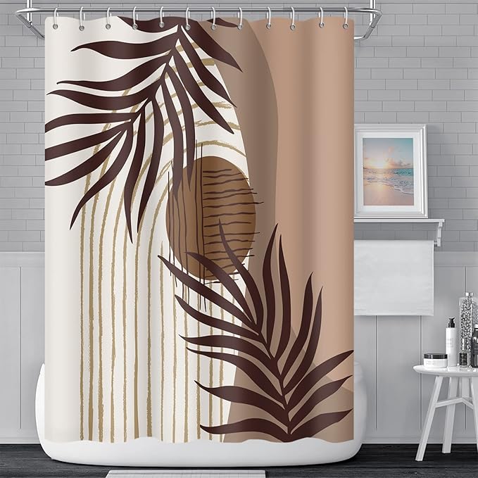 Abstract Mid Century Boho Bathroom Shower Curtain Eucalyptus Leaves Brown and Beige Sun Shower with Hooks Waterproof Polyester Fabric for Art Home Decor, 72x96 Inch