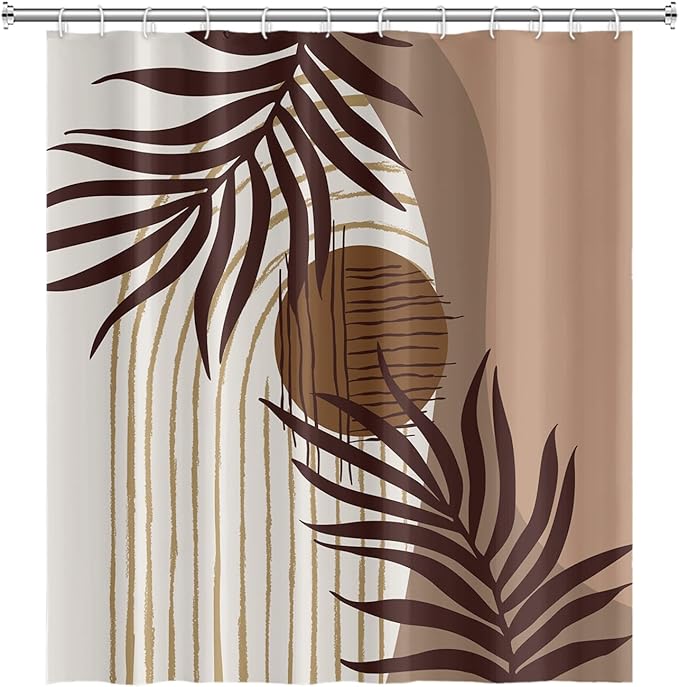 Abstract Mid Century Boho Bathroom Shower Curtain - Eucalyptus Leaves Brown and Beige Sun Shower Curtain with Hooks - Waterproof Polyester Fabric - 72x78 Inch