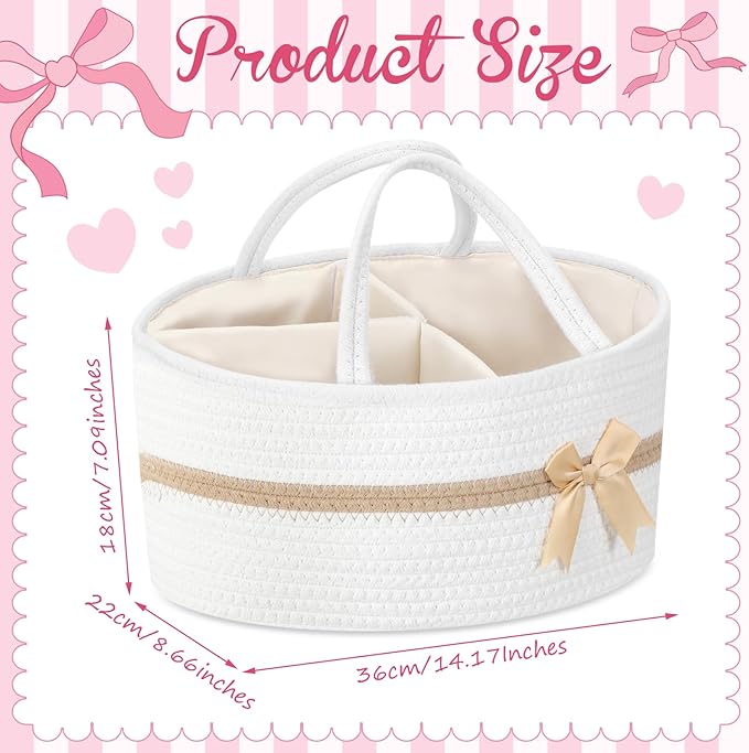 Yinkin 1 Pcs Valentine's Day Woven Large Storage Basket with Handles and Removable Divider Gift Baskets with Bow for Closet Bedroom Nursery Toys Organizing, 14.17 x 8.66 x 7.09 Inches(White and Brown)