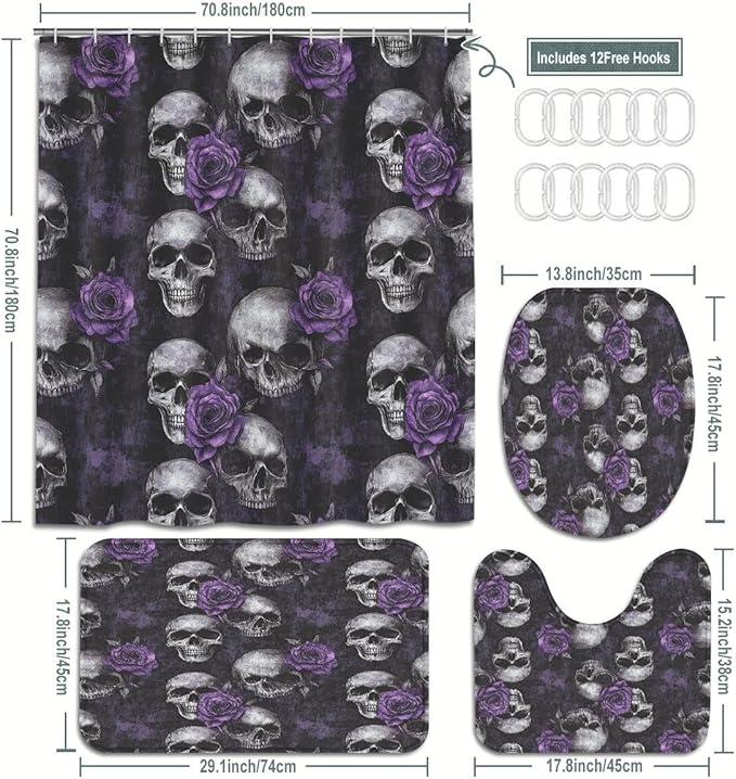 Gothic Skull Bathroom Set, 4-Piece with Shower Curtain 71x71, Bath Mat, Contour Rug, Toilet Lid Cover, Purple Roses Skull Pattern(Purple 2)