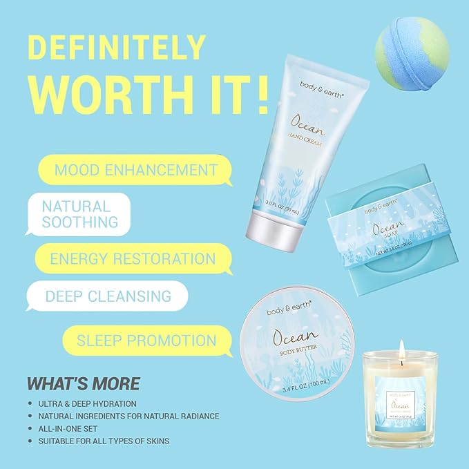 Gifts for Women, Bath and Body Womens Gift Sets with 5 Pcs Ocean Scented Spa Gifts for Women Bath Gift with Scented Candle Body Butter Hand Cream Bath Bomb Valentine‘s Day Gifts