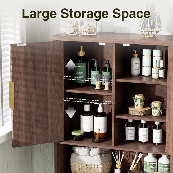 Over The Toilet Storage Cabinet with Fluted Doors and Adjustable Shelf, Tall Bathroom Organizer with Metal Stand Space Saver Over Toilet, Wood Rack for Bathroom, Restroom, Laundry