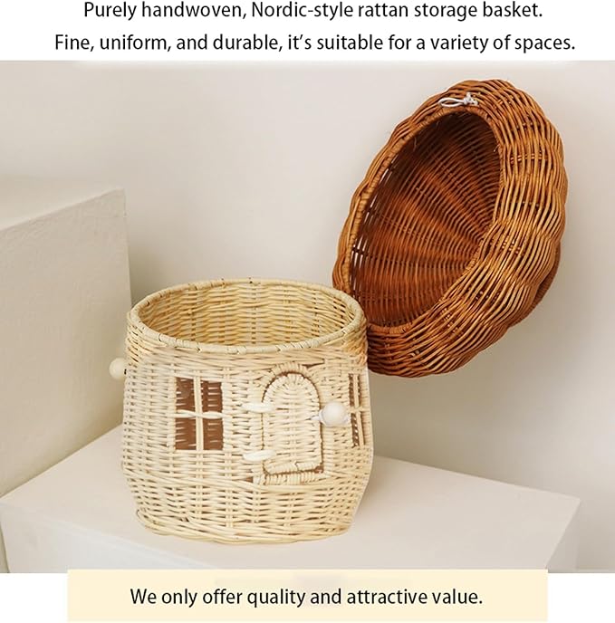 Mushroom Basket House Shaped with Lid Portable Decorative Rattan Handle Photography Props Gifts-Mushroom Decor(B)