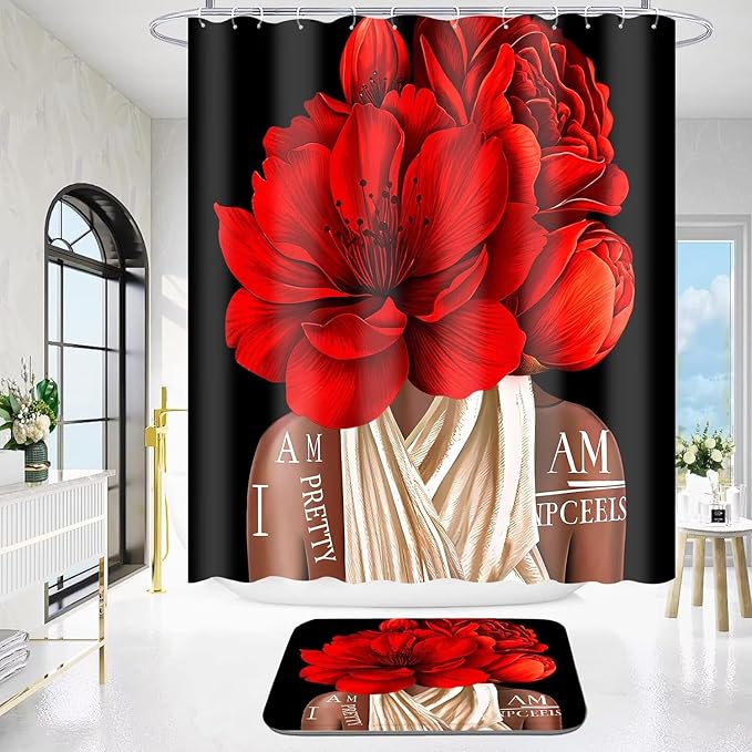 4 Pcs Valentines Red Girl Shower Curtain Sets African American Woman Rose Floral Quotes Non-Slip Rugs Bath Mat Toilet Cover U Shaped Mat Shower Curtain with 12 Hooks Bathroom Set