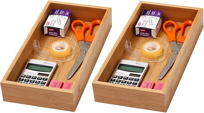 YBM Home Bamboo Drawer Organizer Storage Box for Kitchen Drawer, Junk Drawer, Office, Bedroom, Children Room, Craft, Sewing, and Bathroom, 2 Pack 6x12x2 inch