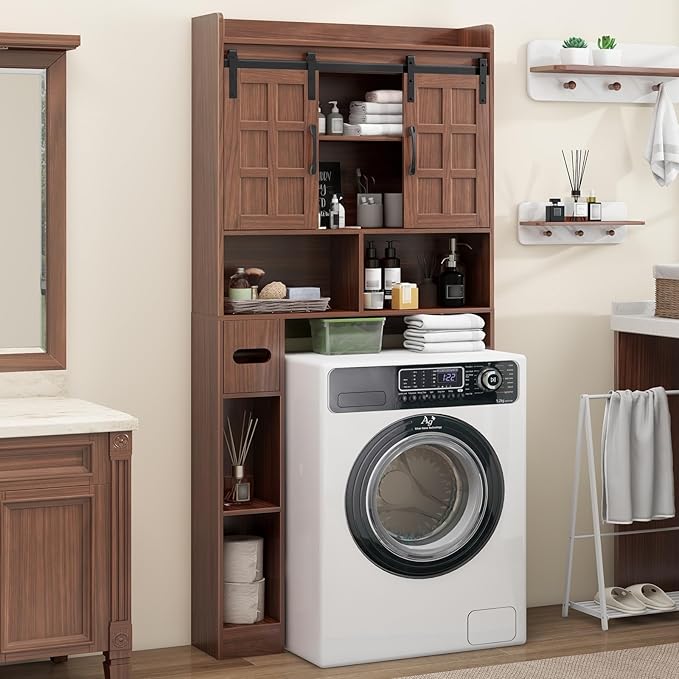 Over The Toilet Storage Cabinet, Farmhouse Storage Cabinet Over Toilet with Sliding Doors，Home Space-Saving Toilet Rack, for Bathroom, Restroom, Laundry. Walnut