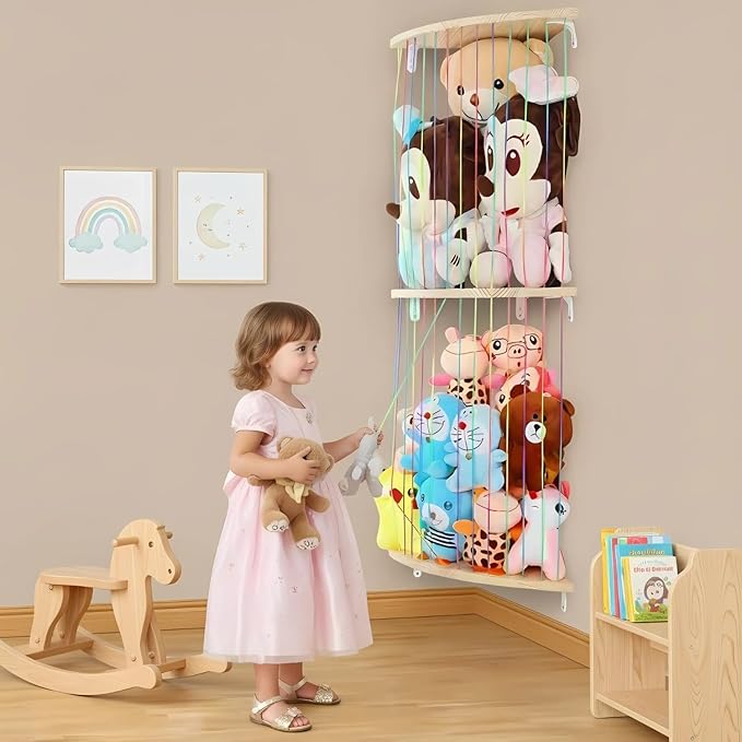 Stuffed Animal Storage Hammock, Wood Stuffed Toy Holder, Playroom Nursery Toy Storage Organizer, Decorative Wall Hanging Caddy Corner Stuffed Animal Net, Soft Toy Net for Kids Room Décor