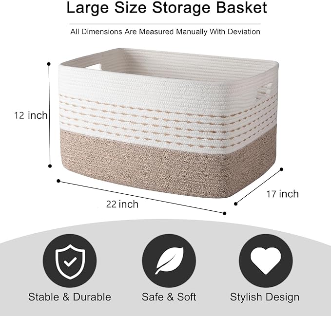 OIAHOM 75L Extra Large Blanket Basket, 22”x17”x15” Rectangle Woven Cotton Rope Baskets for for Living Room, Toy Storage with Handle- Gradient Light Brown
