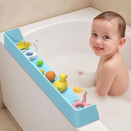 31 Inch Longer Kids Bathtub Water Splash Guard, Flexible Silicone Bath Toy Tray Holder with Strong Suction Cups, No Leak, Bathroom Essentials Shelf for Toddlers Baby Kids (Blue)