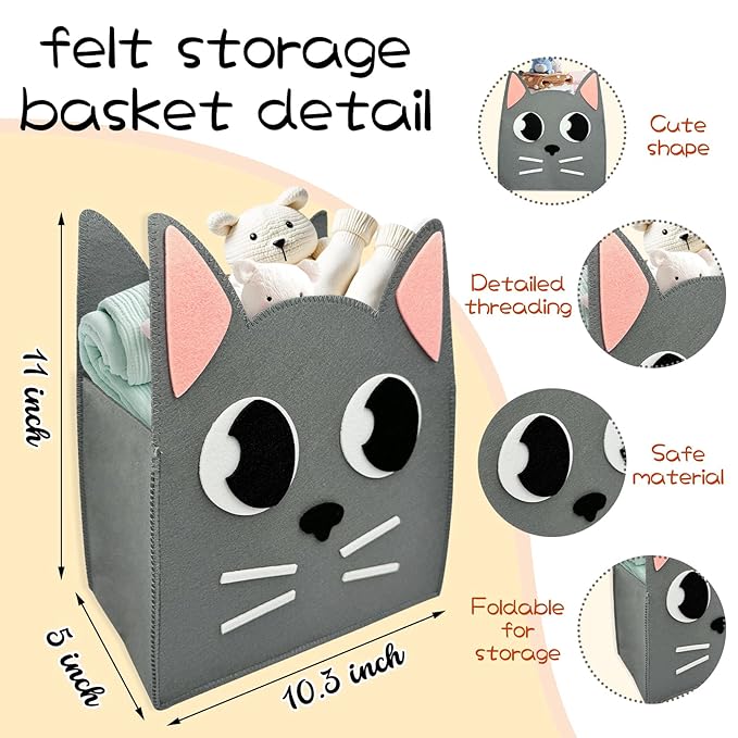 Felt Baby Basket,Cat Shaped Gift Basket Nursery Organizer for Storage Infant Newborn Essentials,Foldable Bathroom and Bedroom Stuff Diaper Toys Baby Vintage Decor with Cute Cat Design