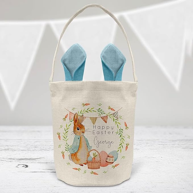 Personalized Canvas Bunny Ear Basket with Custom Name | Easter Gift for Kids | Easter Basket Stuffer (Green)