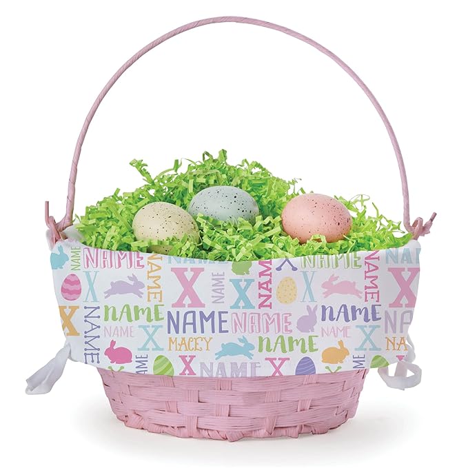 Bunny Name Personalized Easter Egg Basket with Handle and Custom Name | Removable Easter Basket Liners | Pink Basket | Woven Easter Baskets for Kids | Customized Easter Basket
