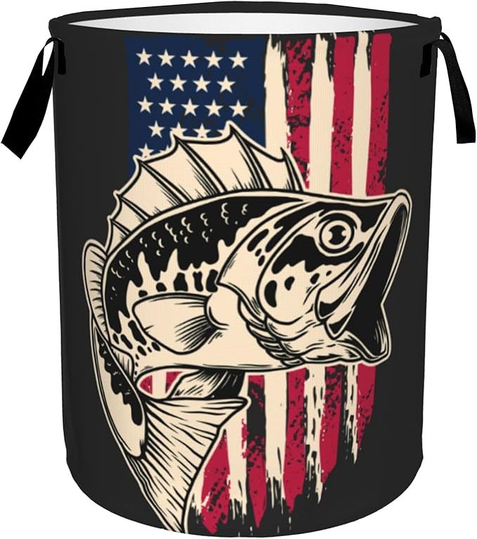 Laundry Basket,American Flag Bass Fish Laundry Hamper Bass Fishing Collapsible Organizer Basket,Toy Storage Bin Room Decor Gift Clothes Baskets,Bedroom Children Nursery Hamper 16x20 Inch
