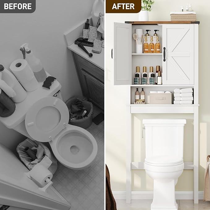 Over The Toilet Storage Cabinet, Farmhouse Over Toilet Bathroom Organizer with 2 Barn Doors, Narrow Above Toilet Storage Cabinet, Behind Toilet Bathroom Organizer (Rustic White)